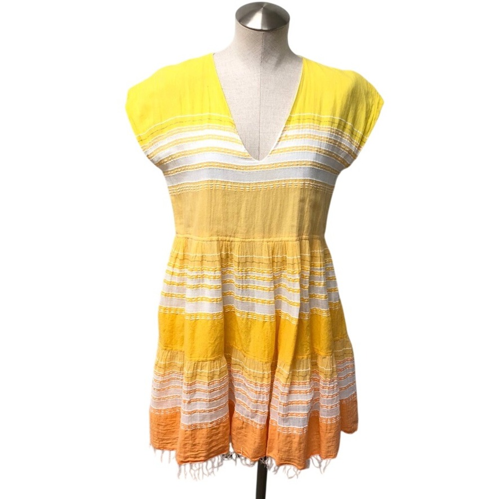 Lemlem Dress Womens Medium Yellow Orange Striped Cotton Boho Mini Handwoven